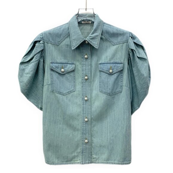 Miu Miu Light Blue Bubble Sleeve Cotton Denim Shirt - Picture 1 of 8